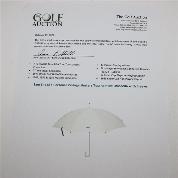 Sam Snead's Personal Vintage Masters Tournament Umbrella with Sleeve