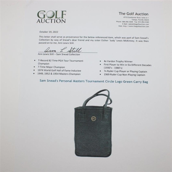 Sam Snead's Personal Masters Tournament Circle Logo Green Carry Bag