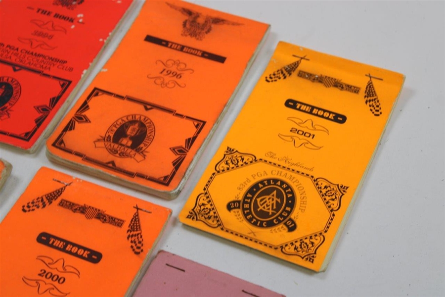 Ten (10) PGA Championship Used Official Yardage Books incl. 1999 & 2000 Tiger Wins - Linn Strickler Collection
