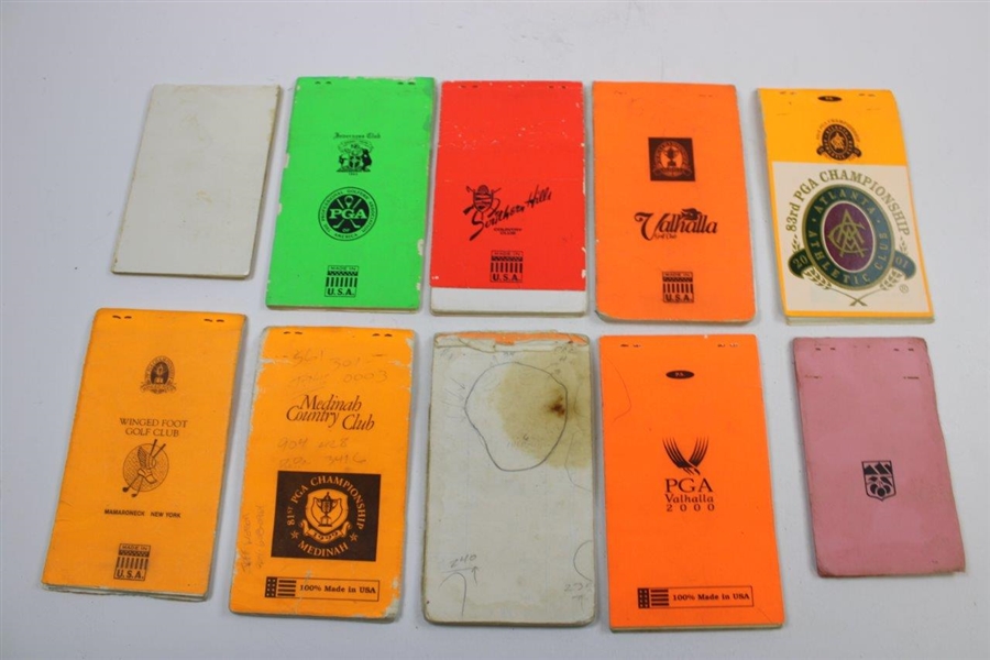 Ten (10) PGA Championship Used Official Yardage Books incl. 1999 & 2000 Tiger Wins - Linn Strickler Collection