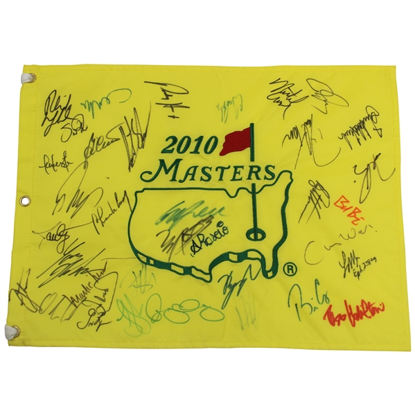 Champ Phil, Rory, Coody, Johnson & 4 Champs Signed 2010 Masters Embroidered Flag JSA ALOA