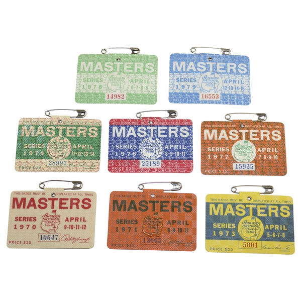 Eight (8) 1970's Masters Tournament SERIES Badges - 1970, 1971, 1973, 1974, 1976-1979