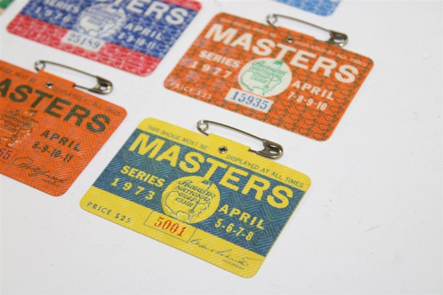 Eight (8) 1970's Masters Tournament SERIES Badges - 1970, 1971, 1973, 1974, 1976-1979