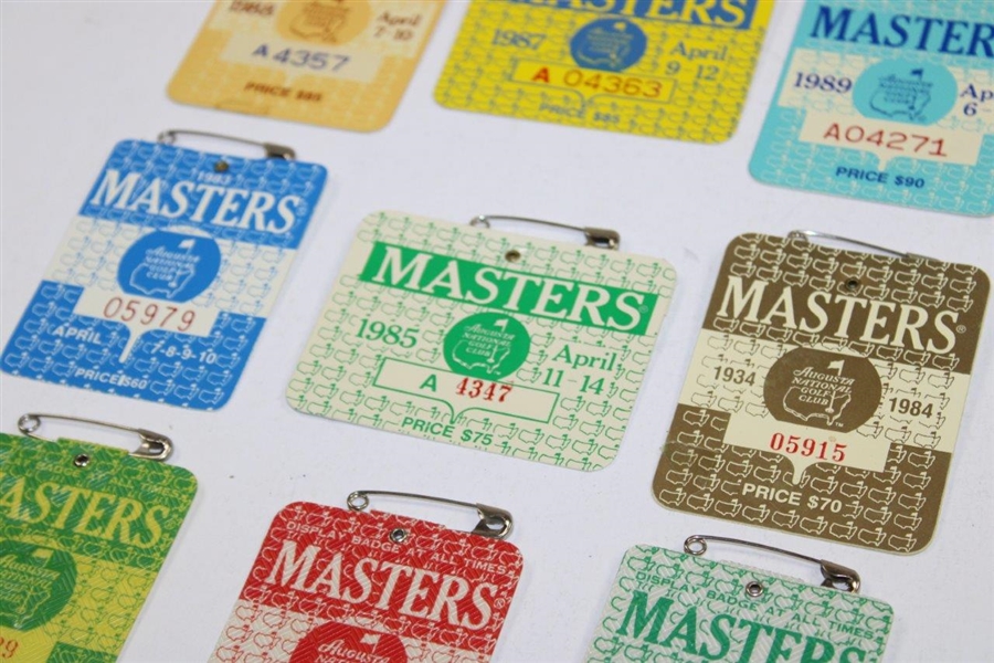 Nine (9) 1980's Masters Tournament SERIES Badges - 1980-1985 & 1987-1989
