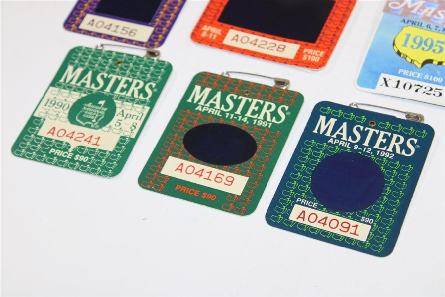Nine (9) 1990's Masters Tournament SERIES Badges - 1990-1996 & 1998-1999
