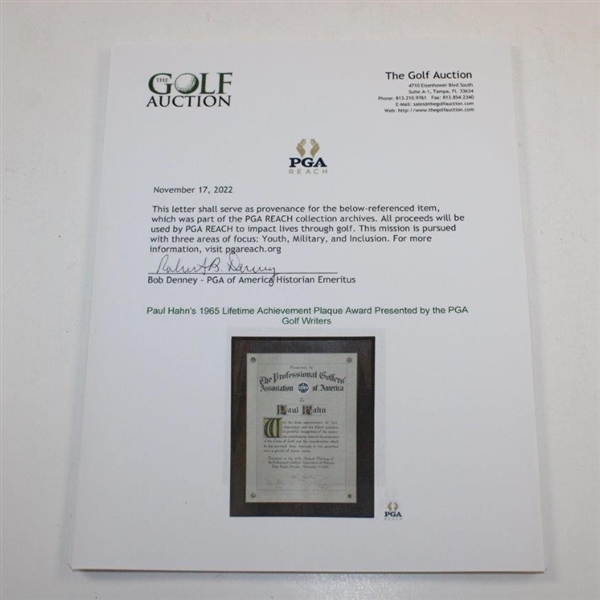 Paul Hahn's 1965 Lifetime Achievement Plaque Award Presented by the PGA Golf Writers
