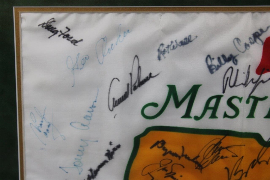Tiger, Jack, Palmer, Sarazen, Nelson & 32 Other Masters Champs Signed 1993 Flag - Framed JSA ALOA