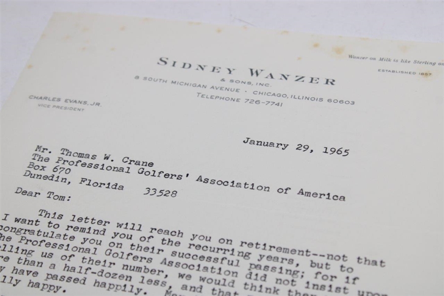 Charles Evans Signed Letter to PGA Ex. Dir. Tom Crane on Pers. Letterhead - 1/29/1965 JSA ALOA