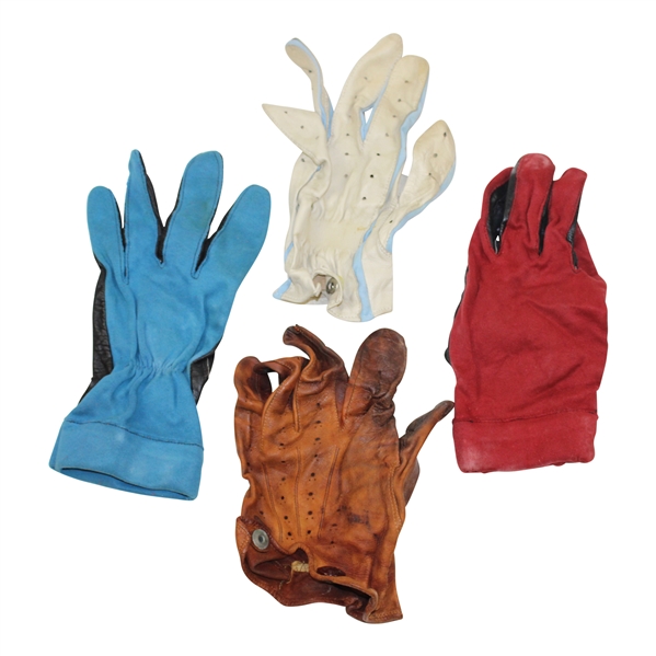Four (4) of Ed Dudley's Personal Used Vintage Golf Gloves - Red/White/Blue/Brown