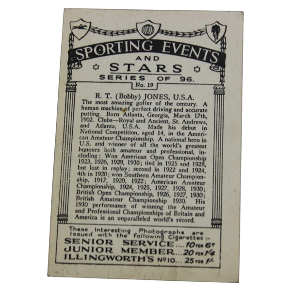 1935 R. T. (Bobby) Jones USA Sporting Events & Stars No. 19 Tobacco Card
