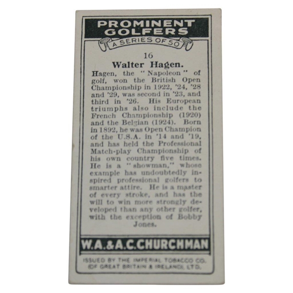 1931 Walter Hagen W.A. & A.C. Churchman Cigarettes No. 20 Prominent Golfers Card