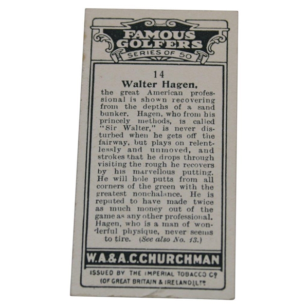 1927 Walter Hagen W.A. & A.C. Churchman Cigarettes No.14 Famous Golfers Card