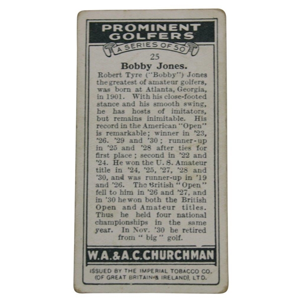 1931 Bobby Jones W.A. & A.C. Churchman Cigarettes No. 25 Prominent Golfers Card