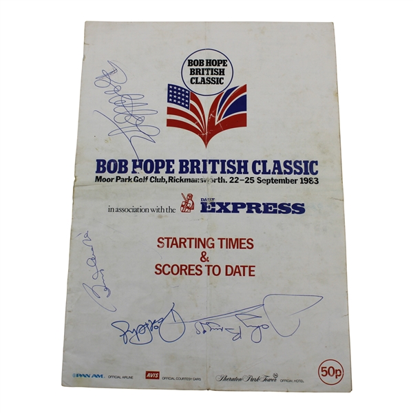 Bob Hope & others Signed 1983 Bob Hope British Classic Starting Times Sheet JSA ALOA