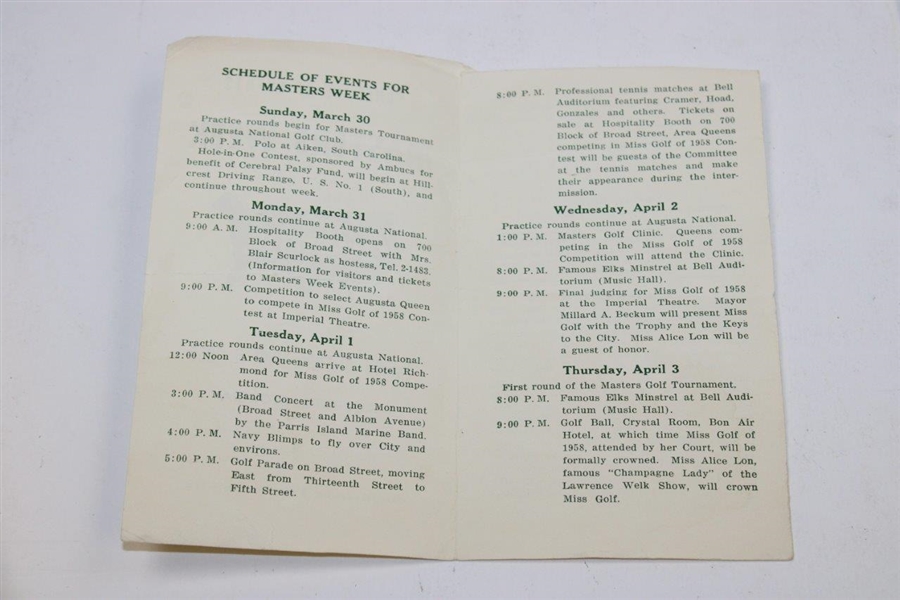 1958 Masters Thursday Pairing Sheet & Schedule of Events Pamphlet - Arnold Palmer Winner