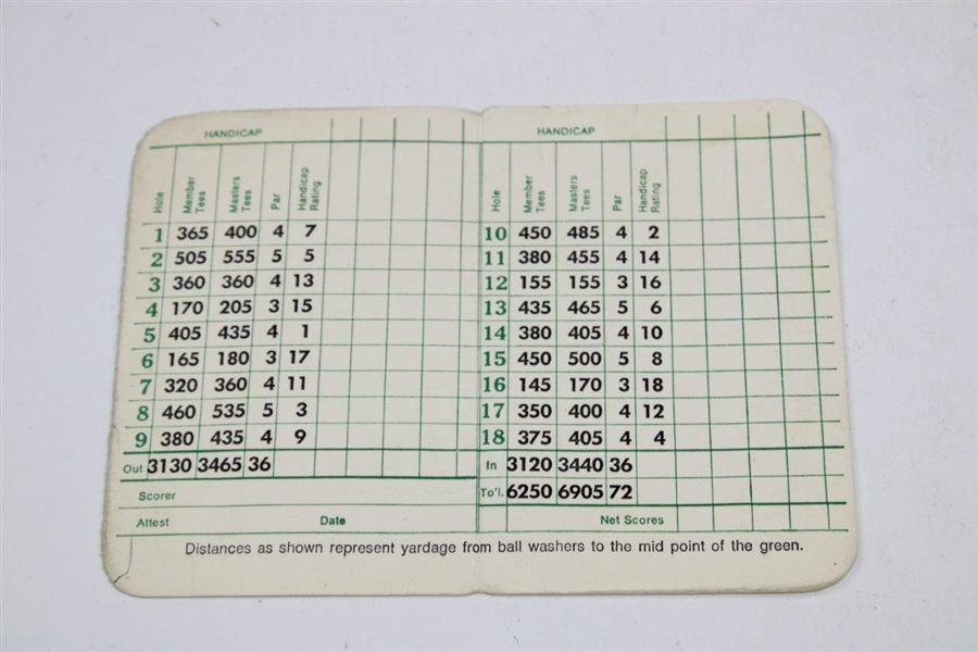 1980’s-Mid 90’s Augusta National Golf Club Official Scorecard - Unscored