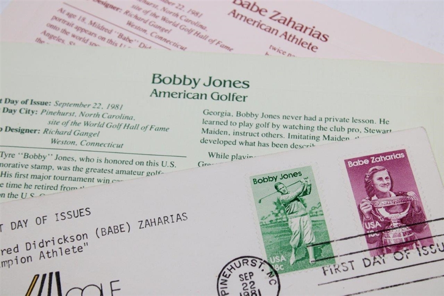 Bobby Jones & Babe Zaharias 1981 Pinehurst Golf Foil Stamp Set & First Day Of Issue 1981 Pinehurst