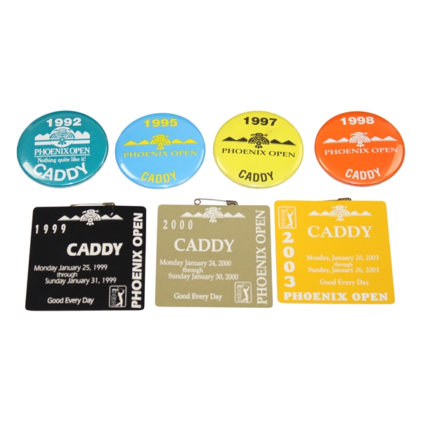 Seven (7) Caddy Badges Phoenix Open 92, 95, 97, 98, 99, 00, & 03