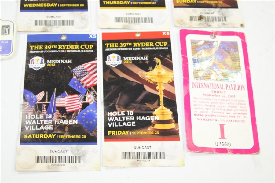 Six (6) 1995 & 2012 Ryder Cup Tickets Plus 1999 Buick Clubhouse Badge
