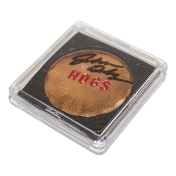 John Daly Signed Personal Custom Copper 'Hogs' Golf Ball Marker in Case & Bag