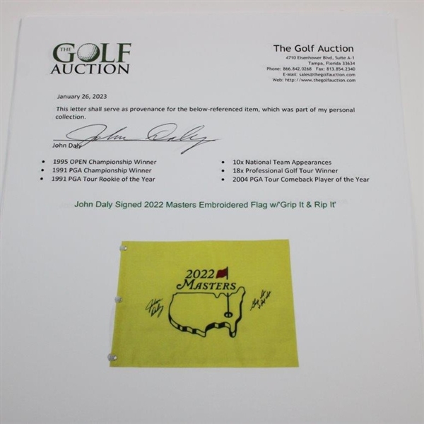 John Daly Signed 2022 Masters Embroidered Flag w/'Grip It & Rip It' JSA ALOA