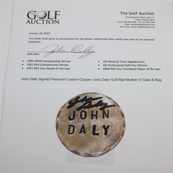 John Daly Signed Personal Custom Copper 'John Daly' Golf Ball Marker in Case & Bag