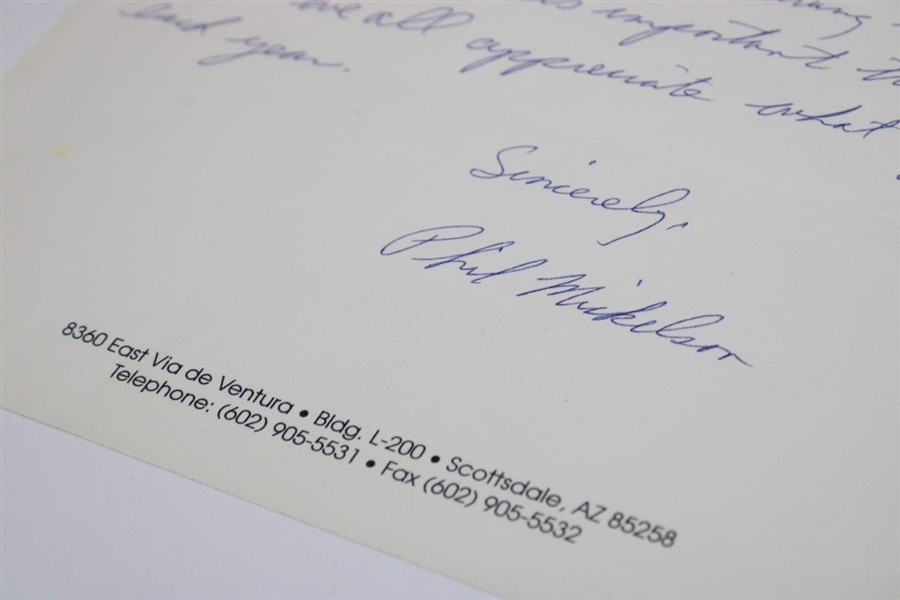 Phil Mickelson Signed Handwritten Letter to ANGC Secretary Kathryn Murphy - Masters Content JSA ALOA