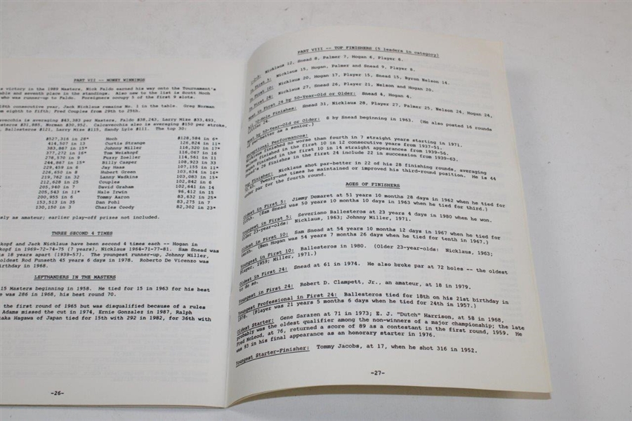 1990 Augusta National 'The Masters Tournament Scoring Records & Statistics' Booklet - Inglish