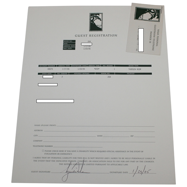 Tiger Woods Signed 2005 Hotel Guest Registration with Alias Name PSA# Z05697