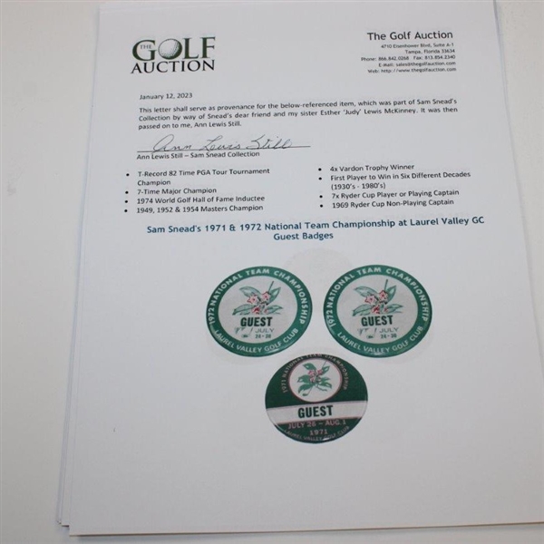 Sam Snead's 1971 & 1972 National Team Championship at Laurel Valley GC Guest Badges