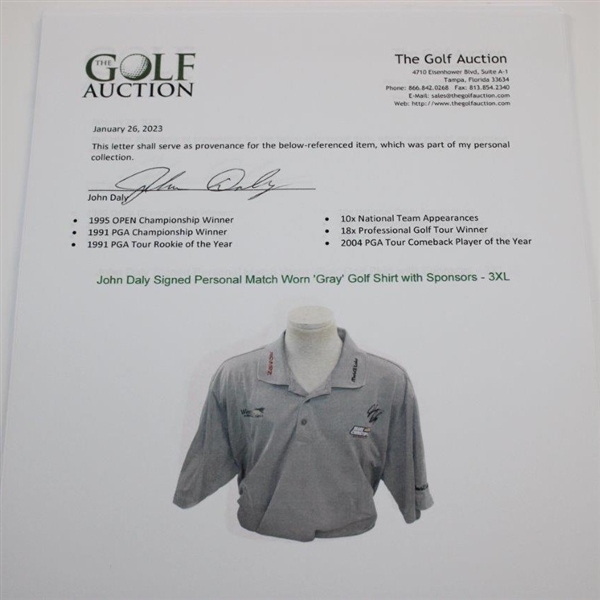 John Daly Signed Personal Match Worn 'Gray' Golf Shirt with Sponsors - 3XL JSA ALOA