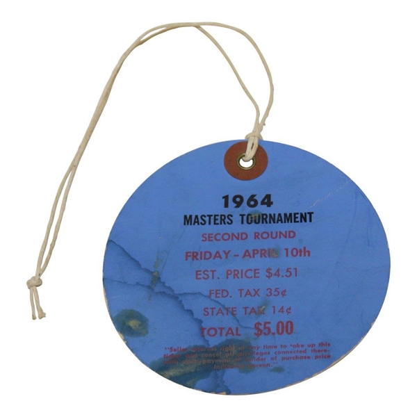 1964 Masters Tournament Friday Ticket #3421 with Original String
