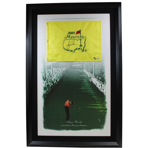 Tiger Woods Signed 2005 Masters Flag UDA Ltd Ed #443/500 Deluxe Framed Display BAK#13216