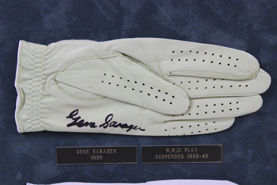 Palmer, Sarazen & Charles Signed Golf Gloves Matted Display JSA ALOA