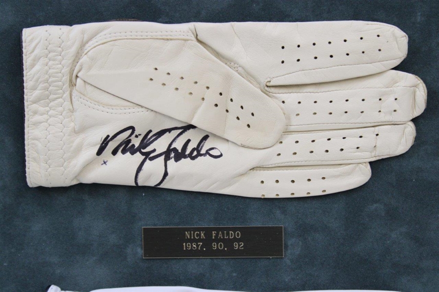 Watson, Norman, Faldo, Miller & Calcavecchia Signed Golf Gloves Matted Display JSA ALOA