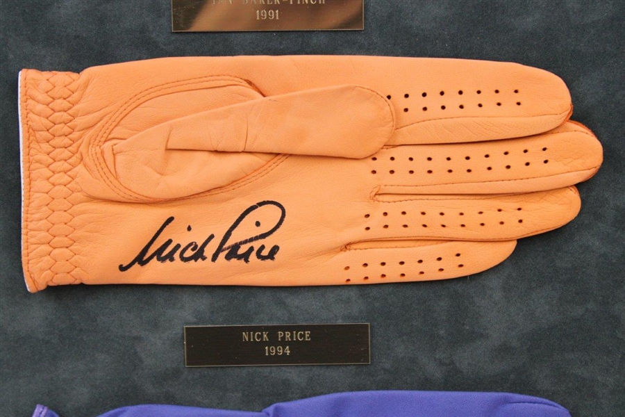 Seve, Price, Rogers, Finch, Daly & Lyle Signed Golf Gloves Matted Display JSA ALOA