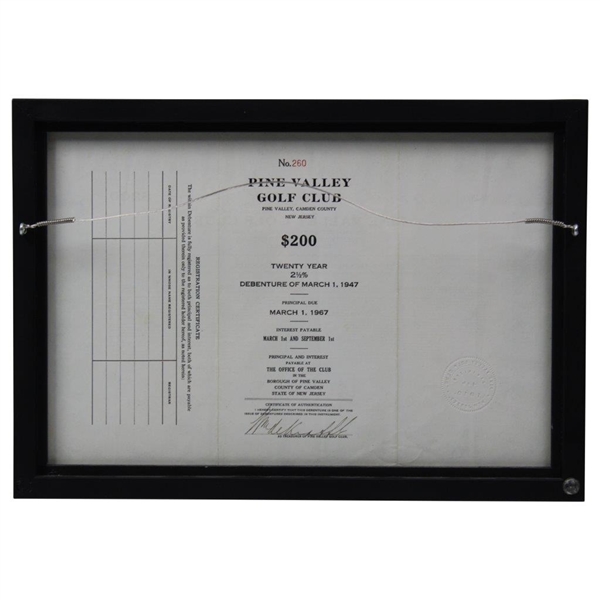 1947 Pine Valley Golf Club Bond Certificate #260 for $200 - Framed
