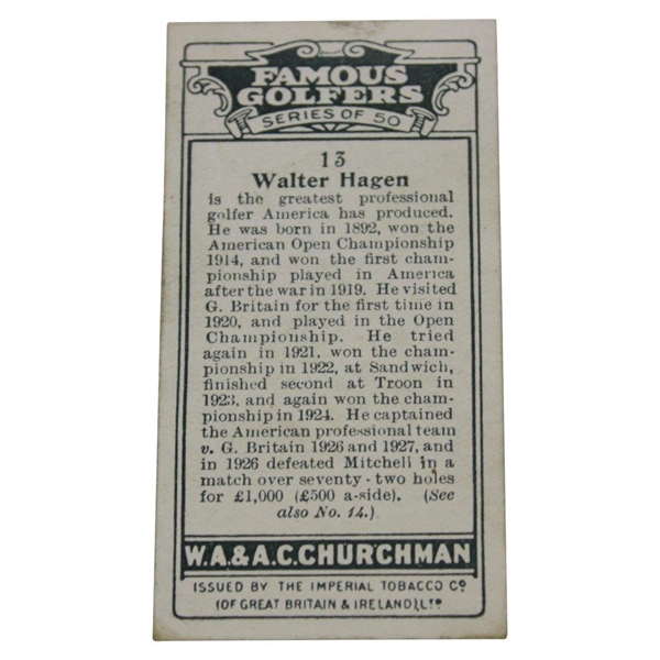 1927 Walter Hagen WA&AC Churchman #13 Famous Golfers Tobacco Card