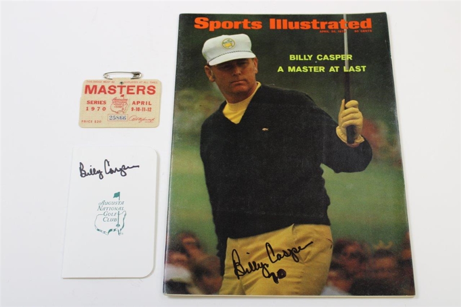 Billy Casper Signed SI Magazine & Augusta National Scorecard w/1970 Masters SERIES Badge JSA ALOA