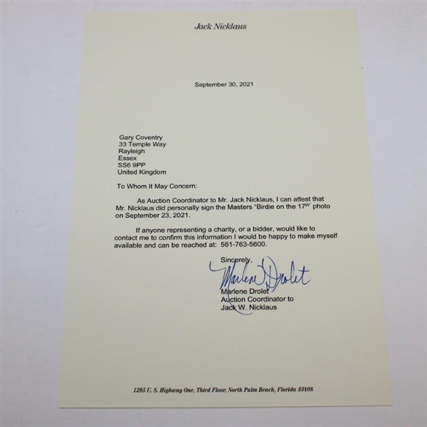 Jack Nicklaus Signed Masters 'Birdie on the 17th' Photo with Letter - JSA ALOA