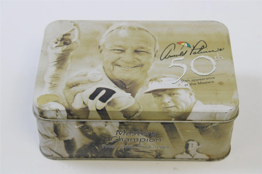 Arnold Palmer 50th Appearance at The Masters Four (4) Logo Golf Balls w/Medallion in Tin