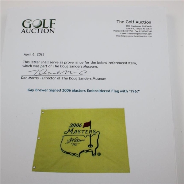 Gay Brewer Signed 2006 Masters Embroidered Flag with '1967' JSA ALOA