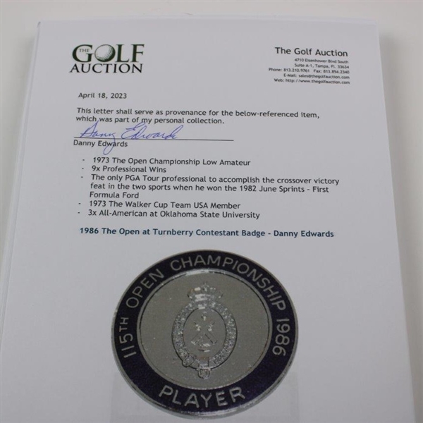 1986 The Open at Turnberry Contestant Badge - Danny Edwards