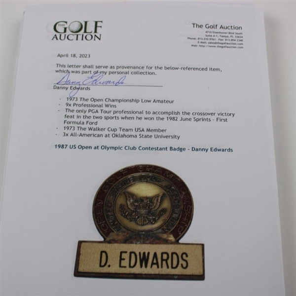 1987 US Open at Olympic Club Contestant Badge - Danny Edwards
