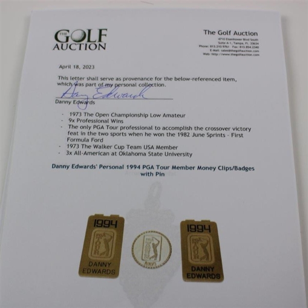 Danny Edwards' Personal 1994 PGA Tour Member Money Clips/Badges with Pin