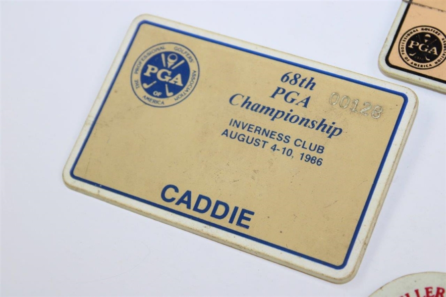 1986, 1988 & 1992 PGA Championship Caddie Badges w/1992 PGA Contestant Guest Badge