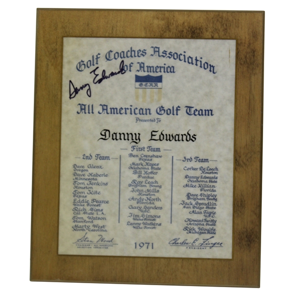 Danny Edwards Signed Personal 1971 All American Golf Award Plaque JSA ALOA