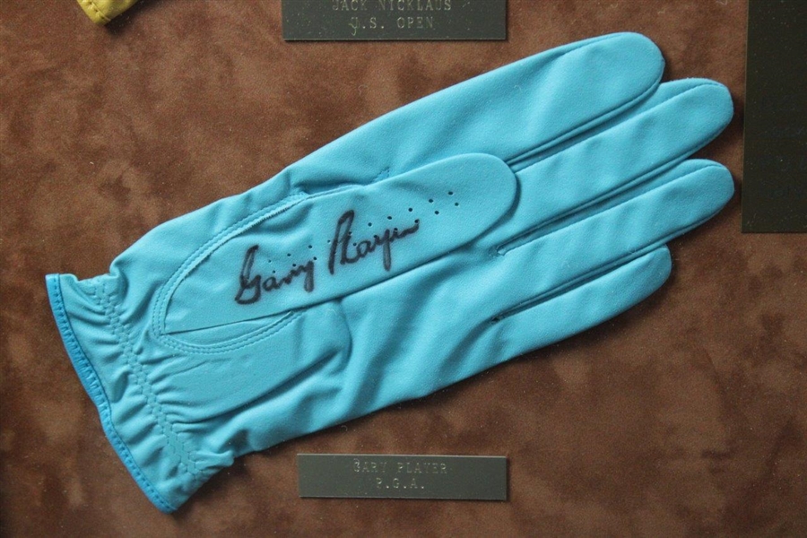 Nicklaus(x2), Player & Trevino Signed Golf Gloves Display - 1972 Major Champs - Framed JSA ALOA