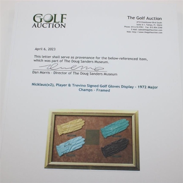Nicklaus(x2), Player & Trevino Signed Golf Gloves Display - 1972 Major Champs - Framed JSA ALOA