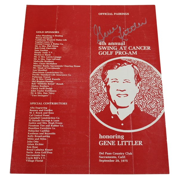 Gene Littler Signed 1975 Swing At Cancer Pairing Sheet JSA ALOA